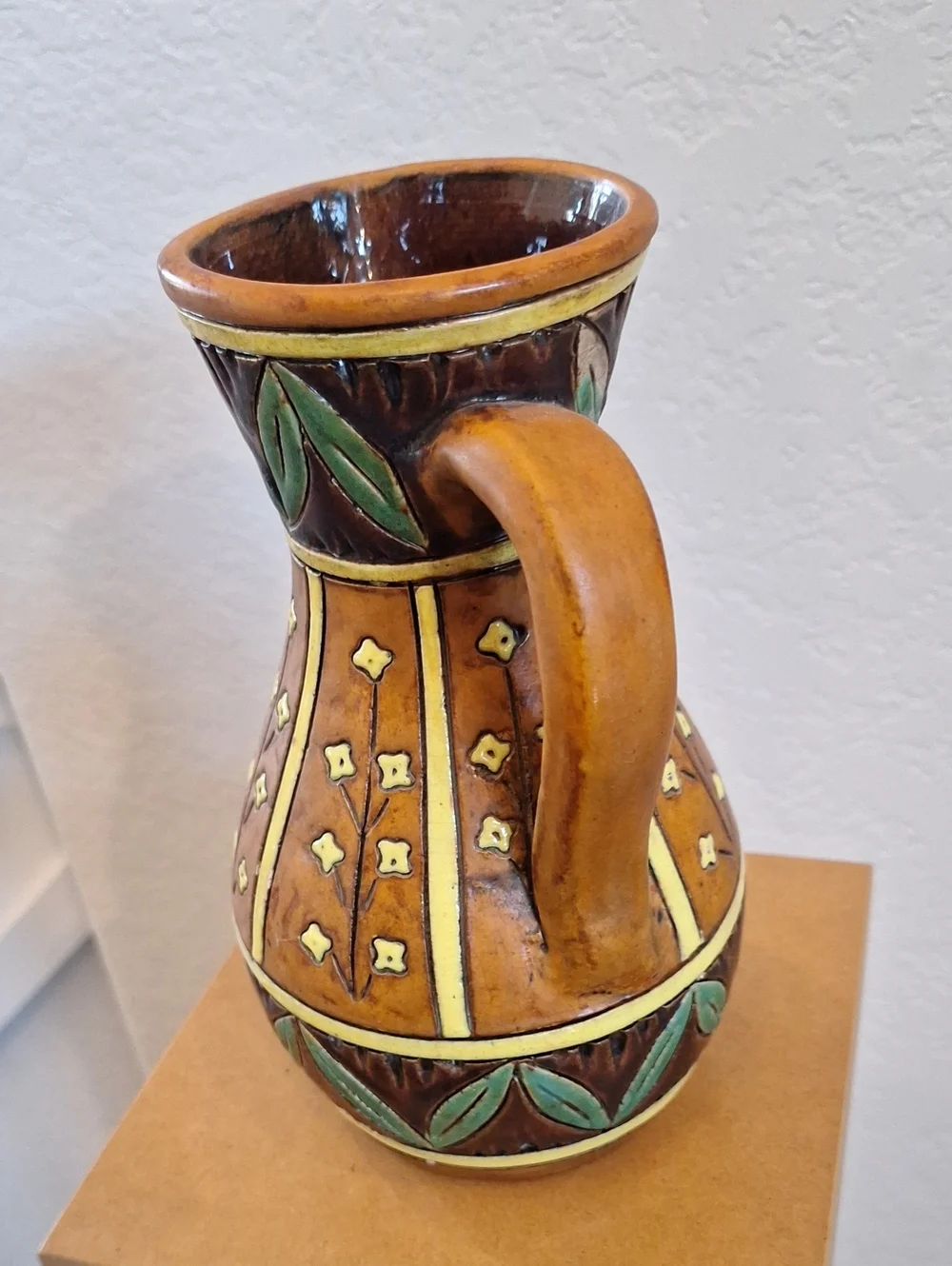 Vintage Artist Signed Folksy Artsy Floral Leaf Pottery Pitcher Vase Bari Logue